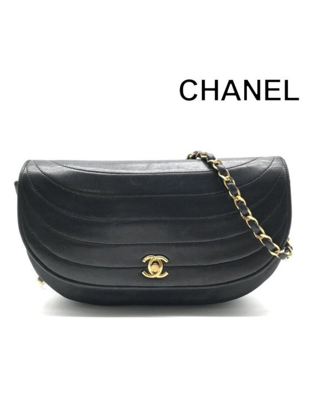 Chanel CC Logo Half Moon Turnlock Leather Chain Shoulder Bag Black